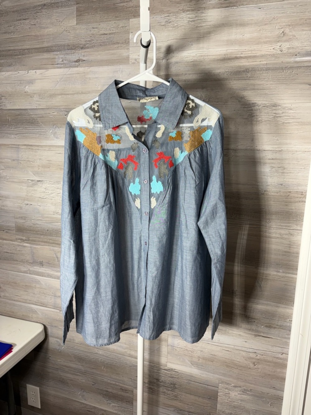 Embroidered Chambray Button-Down Shirt in Light Blue 1864